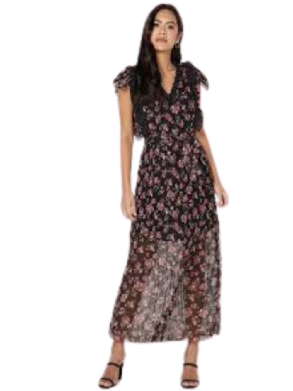 NWT Foxiedox Black & Pink Floral Semi Sheer Maxi Party Dress Small